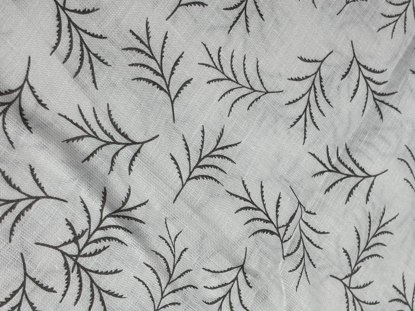 Linen 70's lea  pure linen fabric 58 inch wide white and grey leaf motif  print [17682]