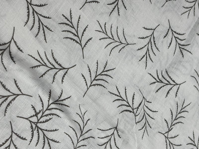 Linen 70's lea  pure linen fabric 58 inch wide white and grey leaf motif  print [17682]