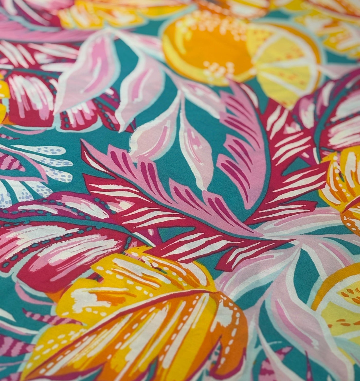 100% Cotton Poplin 58" wide digital print pastel pinks, sea blue ,bright yellows jungle print [17614]
