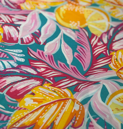 100% Cotton Poplin 58" wide digital print pastel pinks, sea blue ,bright yellows jungle print [17614]
