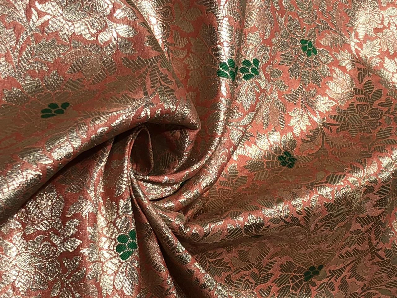 Silk Brocade fabric 44" peach and green with metallic white gold floral jacquard BRO1038[3]