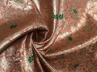 Silk Brocade fabric 44" peach and green with metallic white gold floral jacquard BRO1038[3]