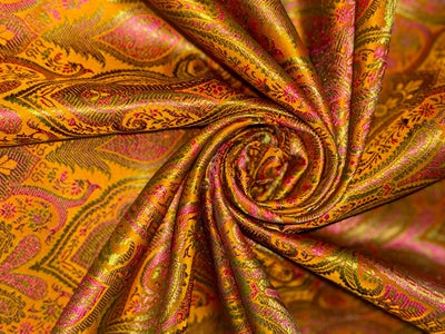 Silk Brocade fabric 44"bright paisley  jacquard available in 4 colors pink/blue/gold , mango/pink/green ,burgundy/green/gold and ink blue/teal/red   BRO1045
