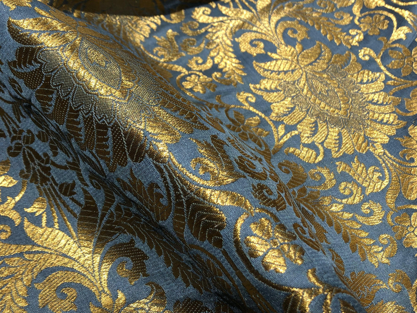 Silk Brocade fabric slate blue with metallic gold   jacquard  BRO1024[4]