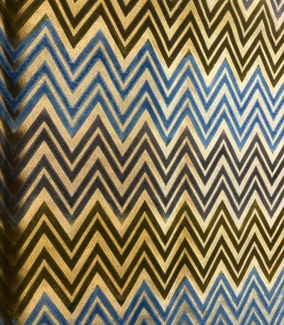 Silk Brocade fabric geometric zig zag jacquard slate blue ,olive and gold BRO1092[3]