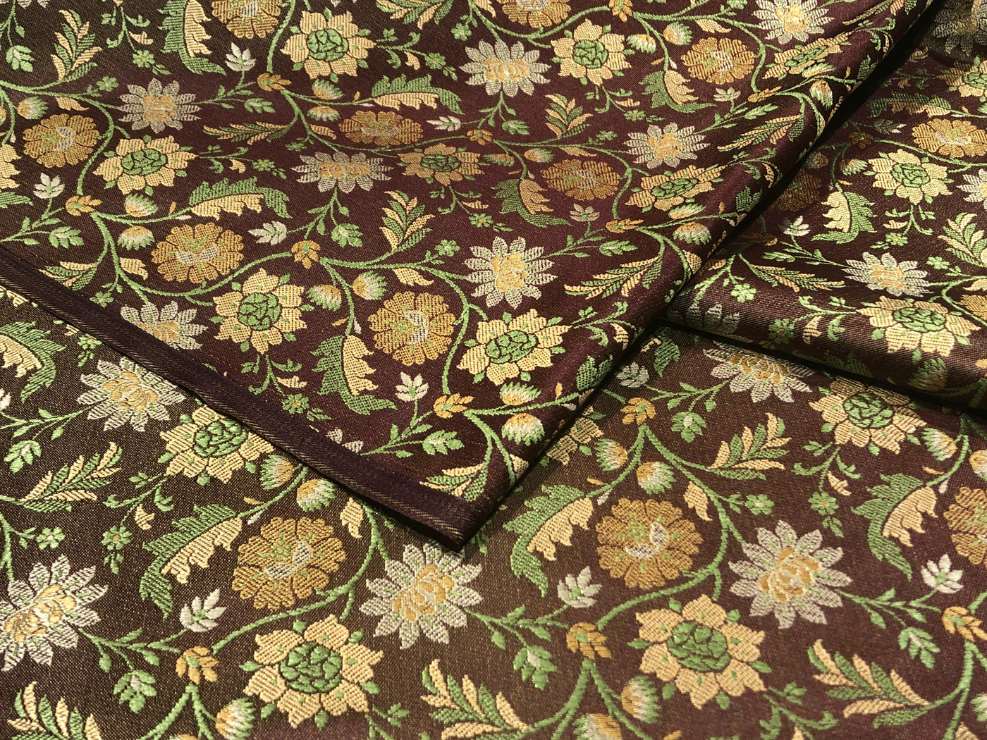 Silk Brocade fabric floral  jacquard brown with green and gold floral jacquard BRO1022[5]