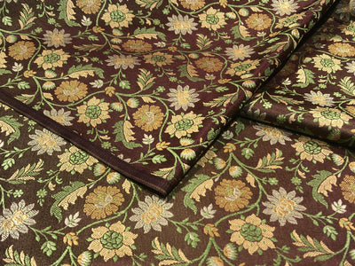 Silk Brocade fabric floral  jacquard brown with green and gold floral jacquard BRO1022[5]