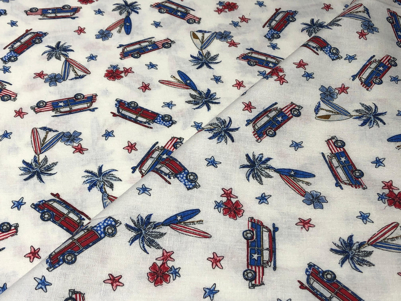 100% Cotton Linen  56" wide resort wear palm, surf board ,car  print [17289]