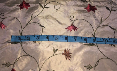 100% Silk TAFETTA EMBROIDERY 44" WIDE cream with scarlet, brown ,blue and yellow flowersTAFE22[3]