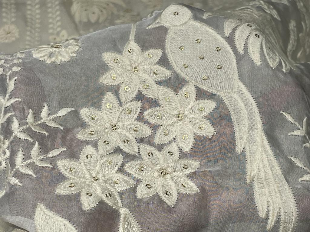 Designer Unstitched Semi Silk  WHITE GEORGETTE PARSI EMBROIDERY each order has 2.70 yards of embroidered fabric with a matching embroidered dupatta