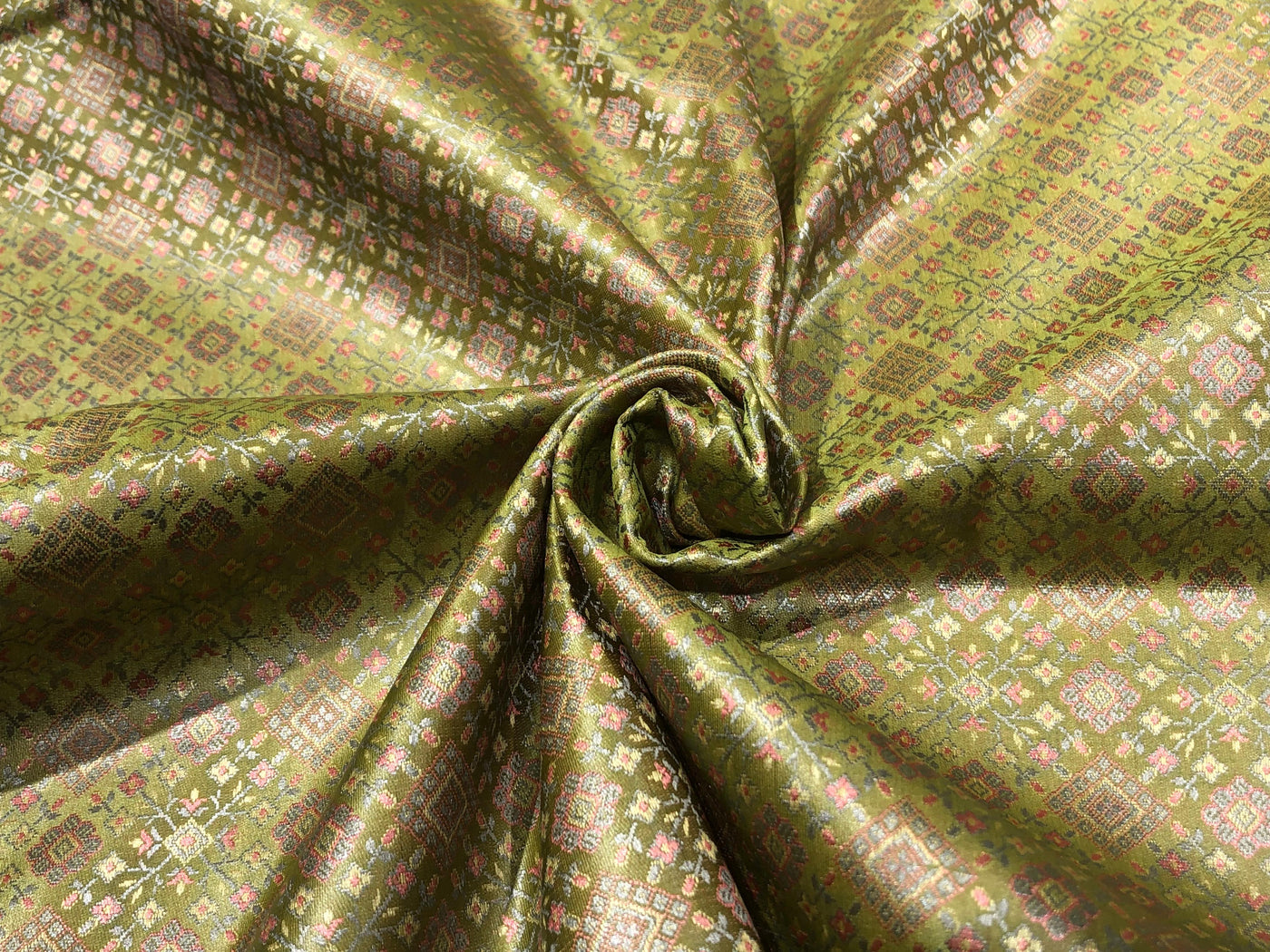 Silk Brocade fabric pastel green with pink and blue geometric diamond shape  jacquard BRO1024[3]