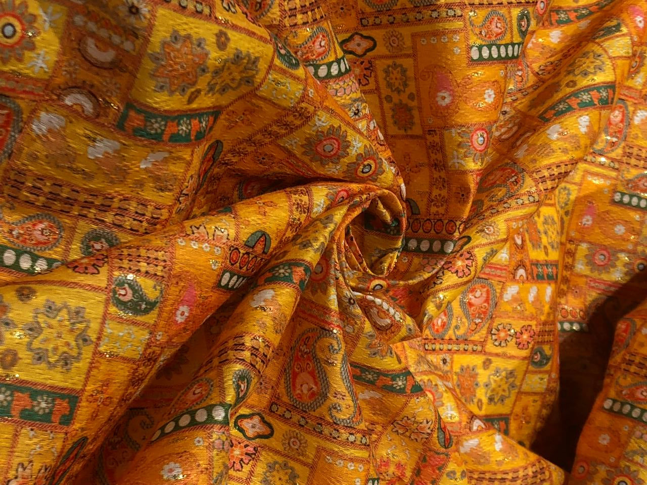 Silk Brocade fabric 56" mango color paisley and flower with subtle metallic gold jacquard  BRO1060[3]