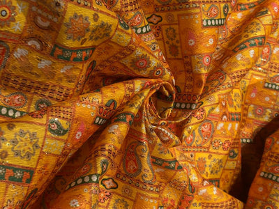 Silk Brocade fabric 56" mango color paisley and flower with subtle metallic gold jacquard  BRO1060[3]