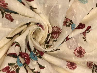 100% cotton mull fabric ivory dobby and floral motifs [18690]