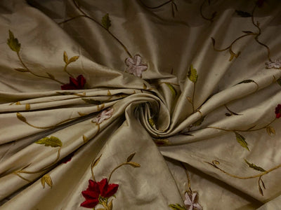 100% Silk dupioni silk  beige with blood red floral embroidery 110" wide DUPE68