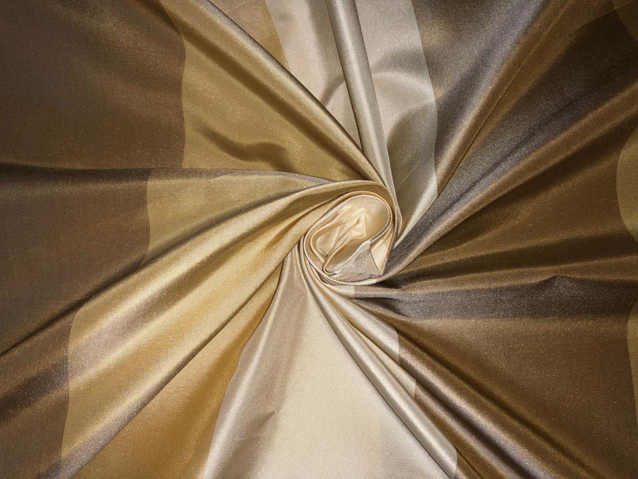 100%Silk taffeta excellent stripes in 3 colors 2 shades of gold and cream-4 inch wide each stripe 54" wide TAFS49