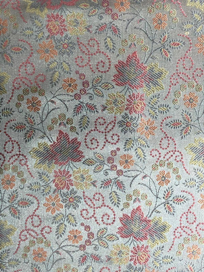 Silk Brocade fabric 44" wide silver grey with pink and yellow flowers  FLORAL JACQUARD  BRO959[3]