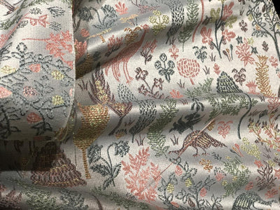 Silk Brocade fabric  jacquard with with subtle embroidery with subtle shimmer 54"silver grey, pink, and green peacocks BRO1034[3]