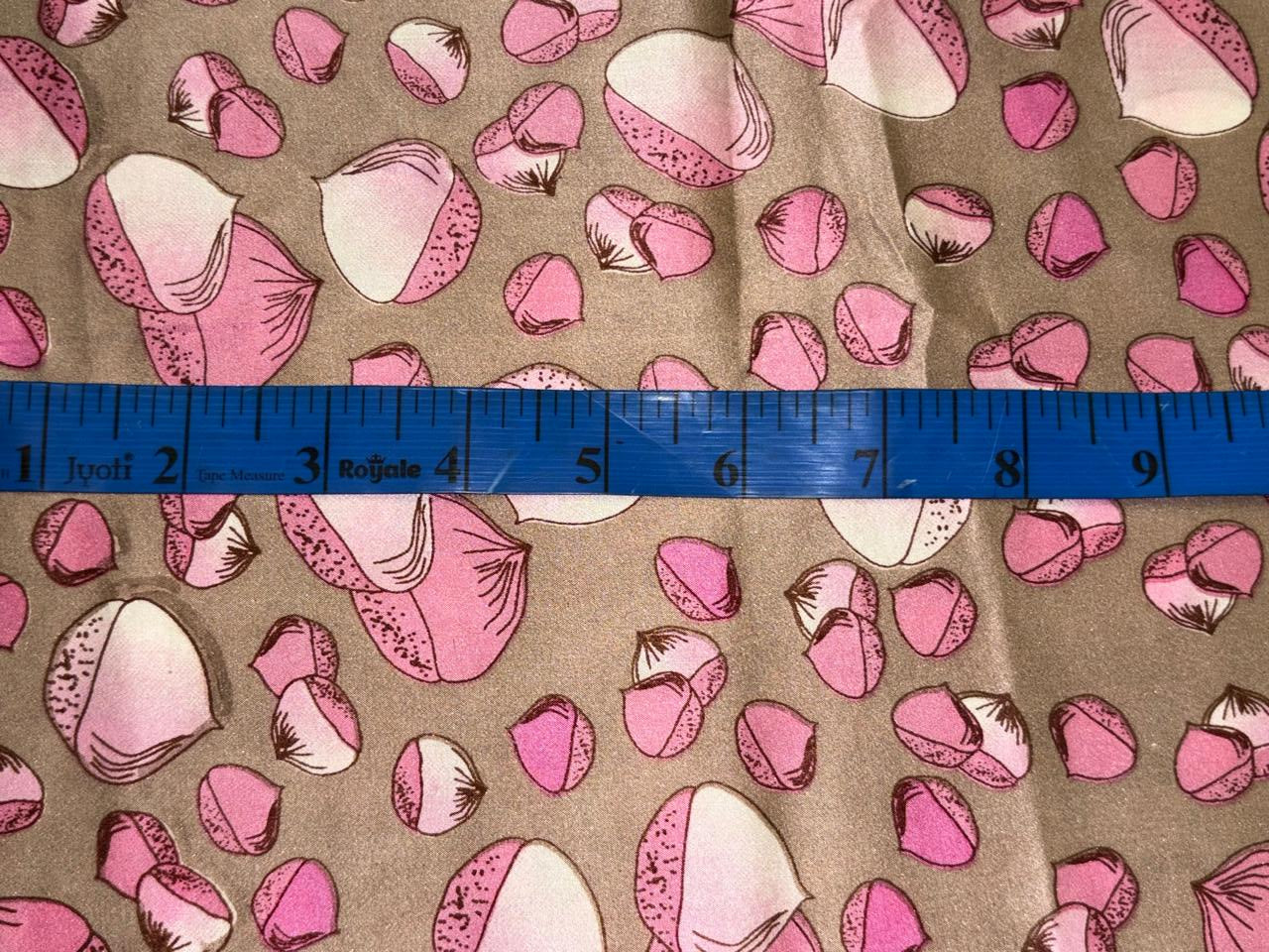 100% Pure Silk Satin 80 grams Dusty olive with pink motifs 54"Wide Fabric [18284]