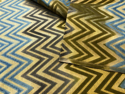Silk Brocade fabric geometric zig zag jacquard slate blue ,olive and gold BRO1092[3]