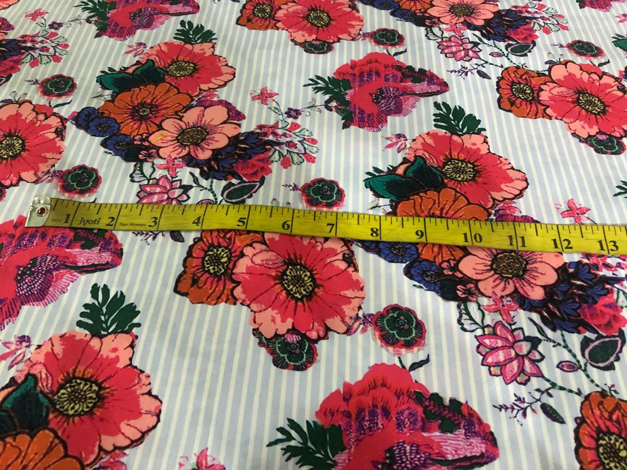 100% Cotton Poplin FLORAL PRINT ON BLUE STRIPES 58" wide [17161]
