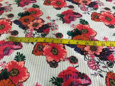 100% Cotton Poplin FLORAL PRINT ON BLUE STRIPES 58" wide [17161]