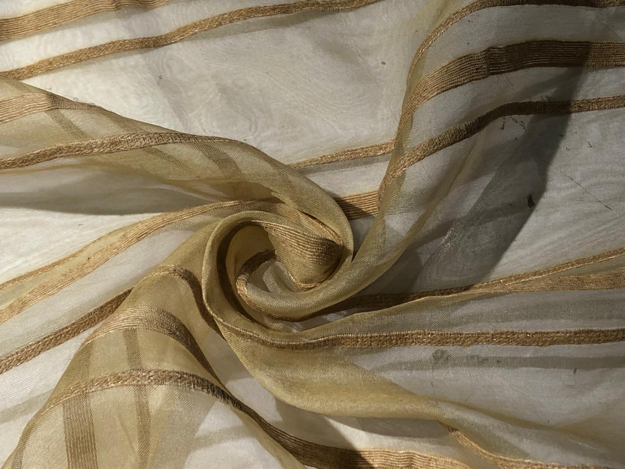 100% Silk mettalic tissue organza fabric DARK IVORY   with jute stripe design 54 INCHES WIDE [16858]