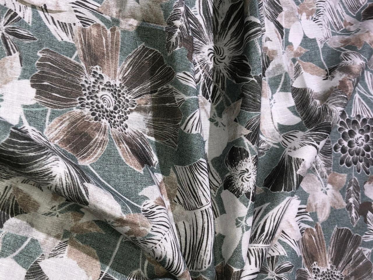 100% linen  digital print fabric 44" wide available in 4 PRINTS CREAM ABSTRACT WITH SEA GREENS,GREENY GREY FLORAL,ELEPHANT AND BLACK AND CREAMK FLORAL