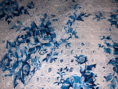 100% Cotton white with blue floral printed and hakoba embroidered fabric  58 inches wide 147 cms. [17303]