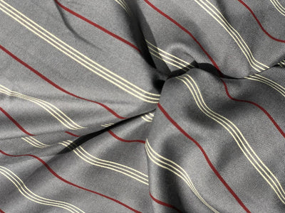 Viscose  fabric 58&quot; wide grey with red and ivory satin stripes [17708]