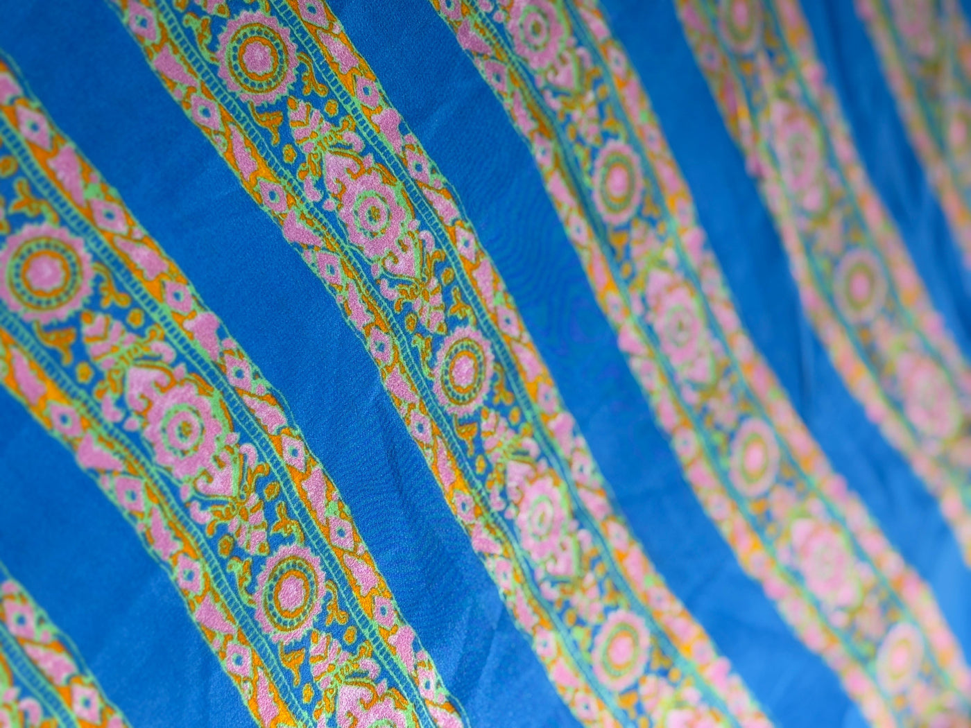 Pure silk  crepe printed fabric stripes of blue and orange, pink floral 54"[18263]