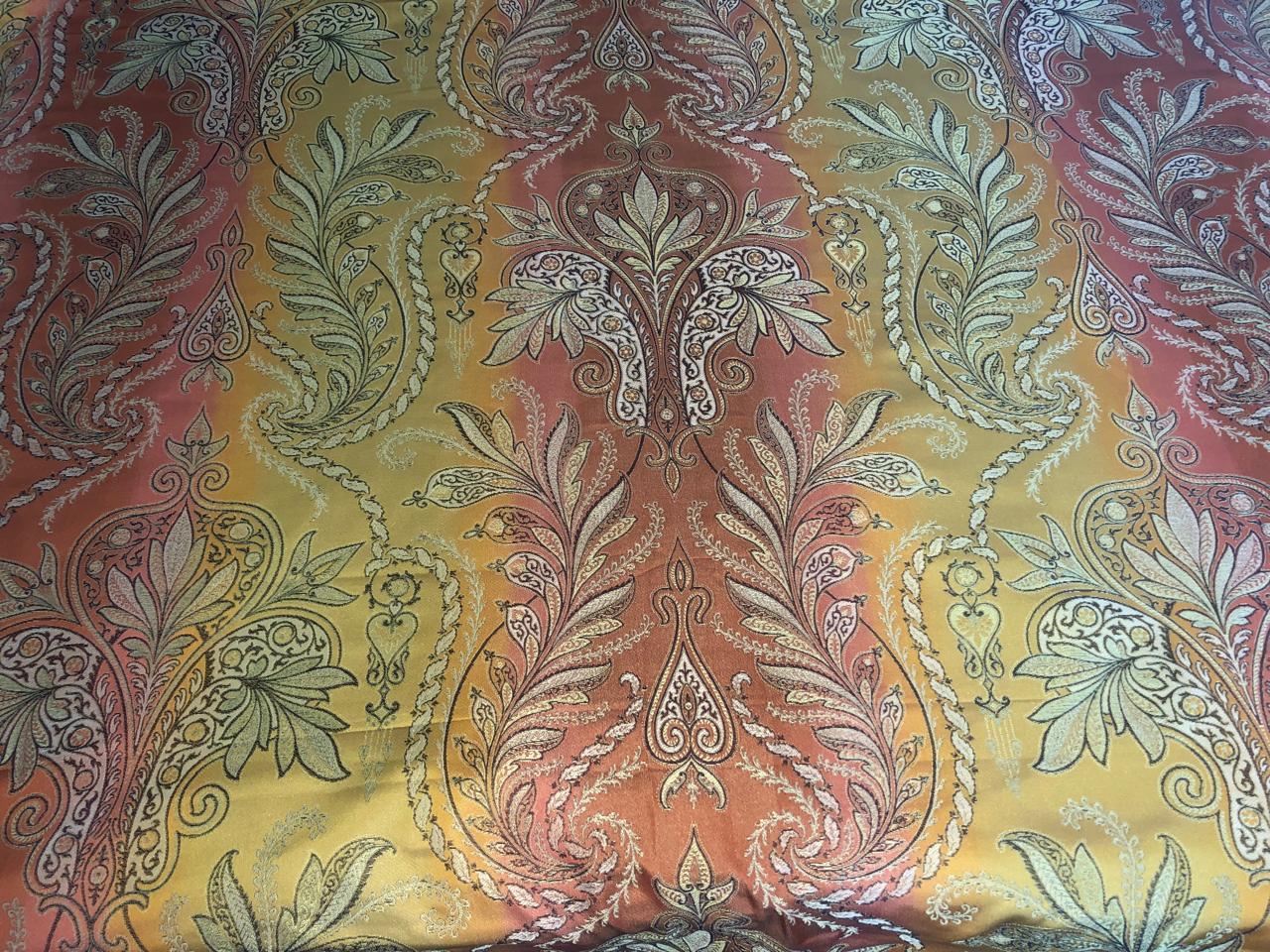 100% Silk Taffeta Jacquard Fabric  SHADED RUSTY ORANGE AND GOLD LEAVES TAFJACNEW16