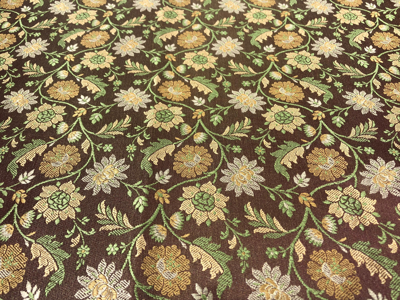 Silk Brocade fabric floral  jacquard brown with green and gold floral jacquard BRO1022[5]