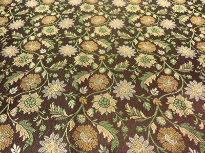 Silk Brocade fabric floral  jacquard brown with green and gold floral jacquard BRO1022[5]