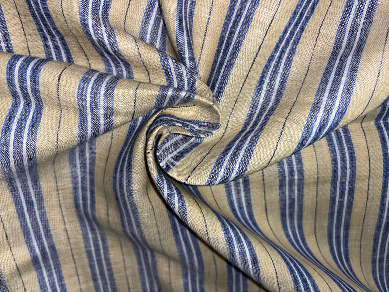 100% Linen stripe 60's Lea Fabric 58" wide camel, blue,black and white stripe [17194]
