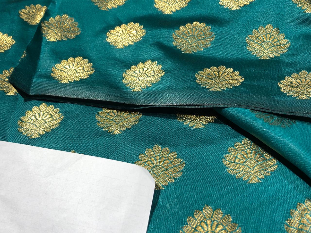 Silk Brocade fabric with Metallic gold motif Jacquard  44" wide BRO928 available in 4 colors DARK BOTTLE GREEN/ GREEN/ GOLDEN BEIGE and BLUE