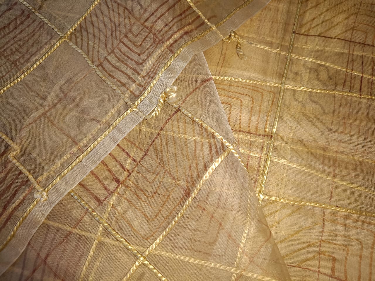 100% silk organza plaids gold with abstract design fabric 44" WIDE [9893]