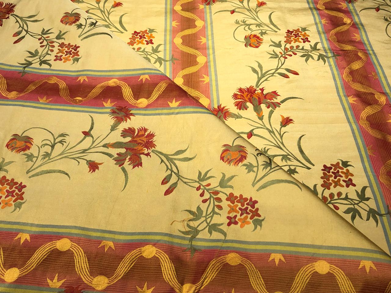 100% Silk Taffeta Jacquard Fabric golden brown  with red orange floral jacquard and stripes  54" wide TAFJACNEW24