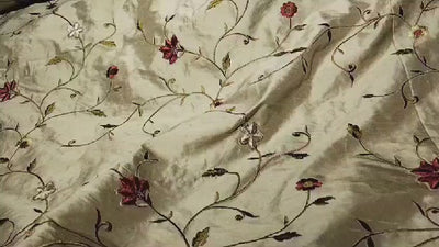 100% Dupioni SILK  fabric 110" wide IVORY WITH FLORAL EMBROIDERY [DUPEMB68_110"EMB]]