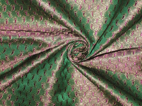Silk Brocade Fabric Green with Purple paisleys & Metallic Gold 44" wide BRO147[3]