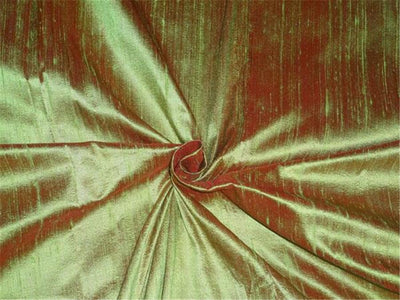 100% PURE SILK DUPION FABRIC RED X PISTACHIO GREEN colour 54" wide WITH SLUBS MM67[5]