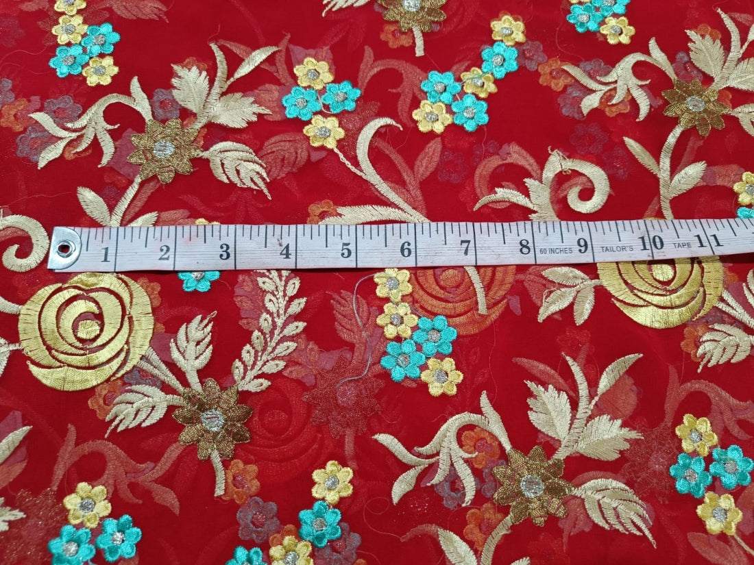 SILK Georgette Embroidered Neon Pink/Blue /Brown color 44" wide [9230/12392/93/94/9239]