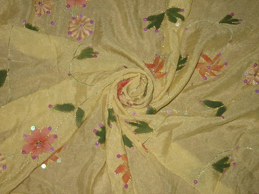 Lime Yellow soft silk crepe fabric with embroidery and sequin