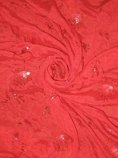 Red soft silk crepe fabric with embroidery and sequin
