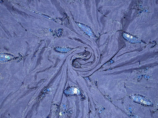Dark Blue almost Navy soft silk crepe fabric with embroidery and sequin
