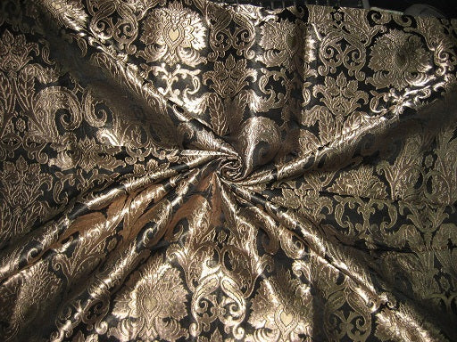 Pure Heavy Silk Brocade Fabric Black &amp; Metallic Gold color