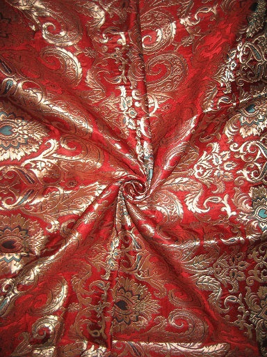 Pure Heavy Silk Brocade Fabric Dark Pinkish Red,Teal &amp; Metallic Gold color