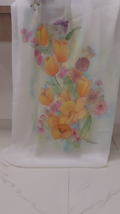 Handpainted unstitched kurta orange tulip bloom on a white background
