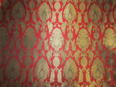 Heavy Silk Brocade Fabric Red /Green x Metallic Gold 44&quot;