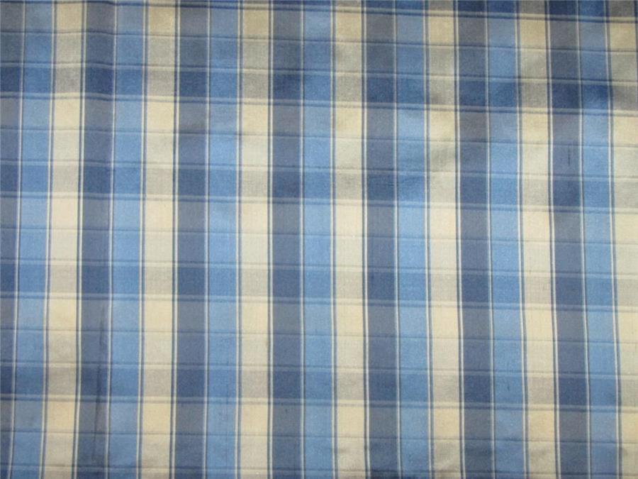 100% Silk Dupioni Fabric plaids dark ivory x blue color 54'' wide DUP#C97[2]